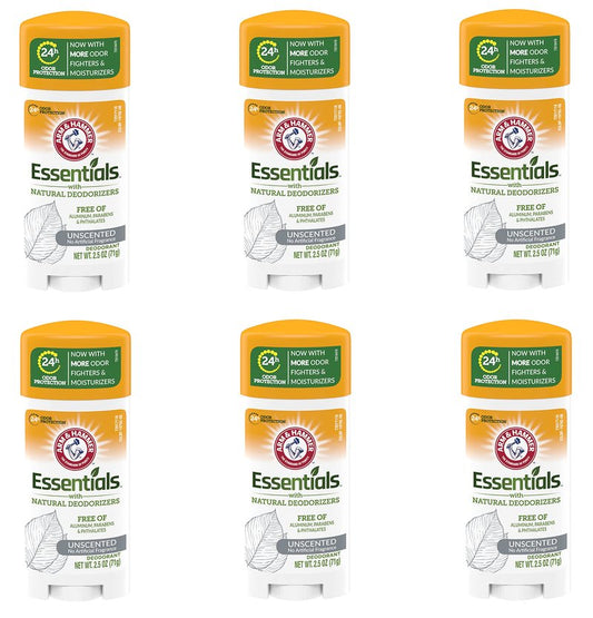 Arm & Hammer Essentials Solid Deodorant, Unscented,2.5 oz, 6 Count