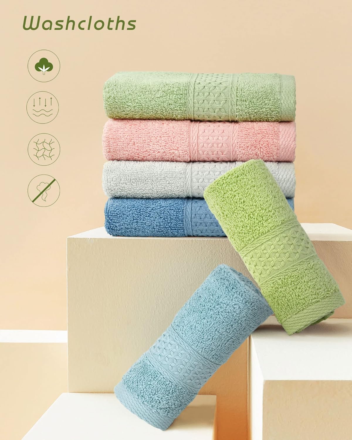 Cotton Hand Towels and Wash Cloths Set - Assorted Colors | 6 Towels & 6 Washcloths
