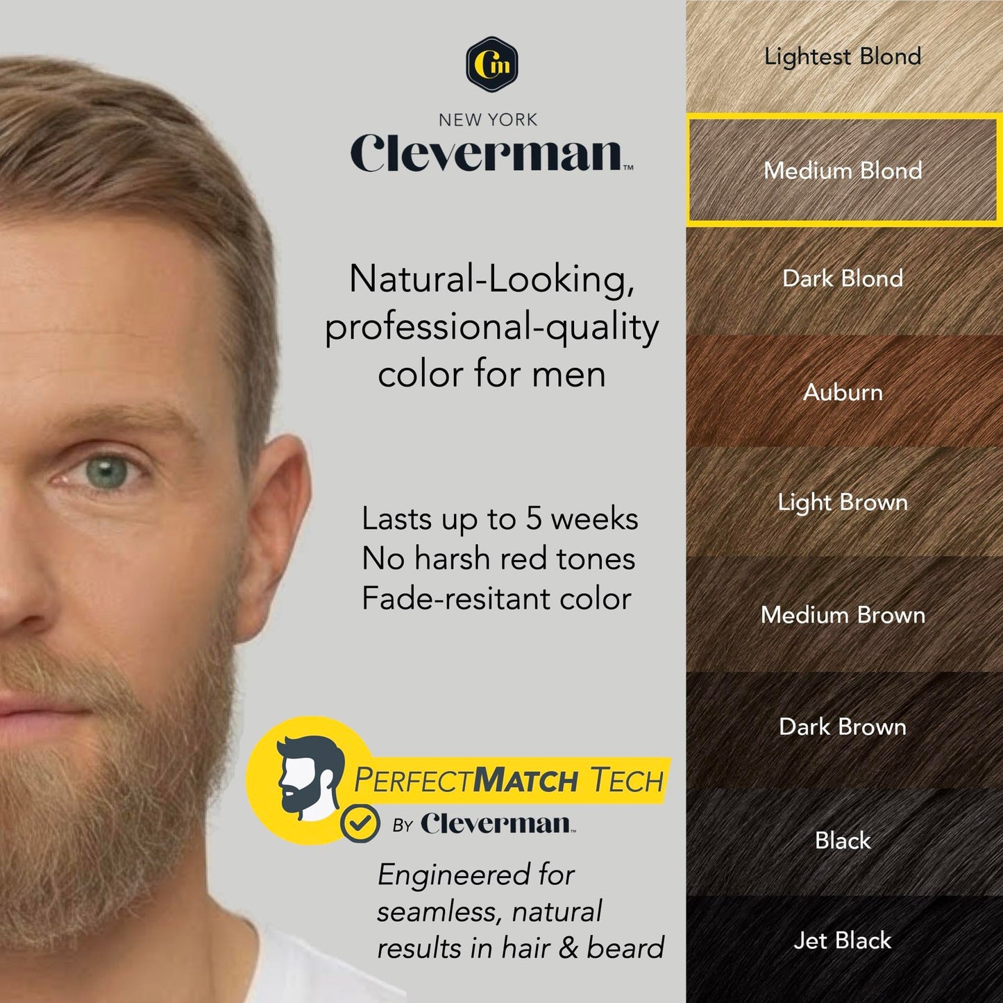 2X Reusable Hair & Beard Dye for Men – Medium Blond 8.01 | Up to 10 Uses, 7 Minutes | Natural Gray Coverage, No-Drip Cream with SkinArmour® – Cleverman