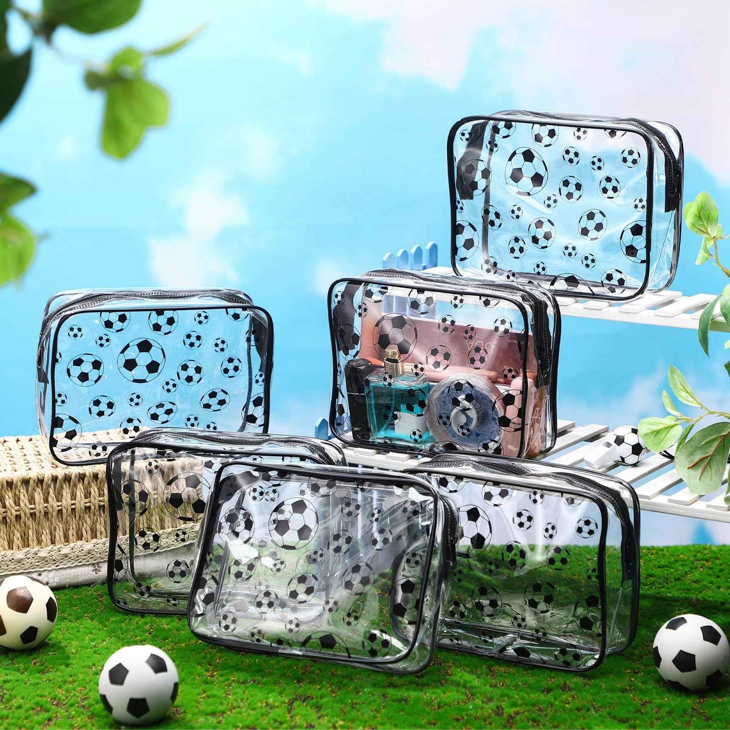Kacctyen 20 Pcs Soccer Clear Makeup Gift Bags Bulk for Team Girls Soccer Party Accessories Goodie Bags for Football Lovers Clear Cosmetic Bag PVC Waterproof Christmas Gift for Women