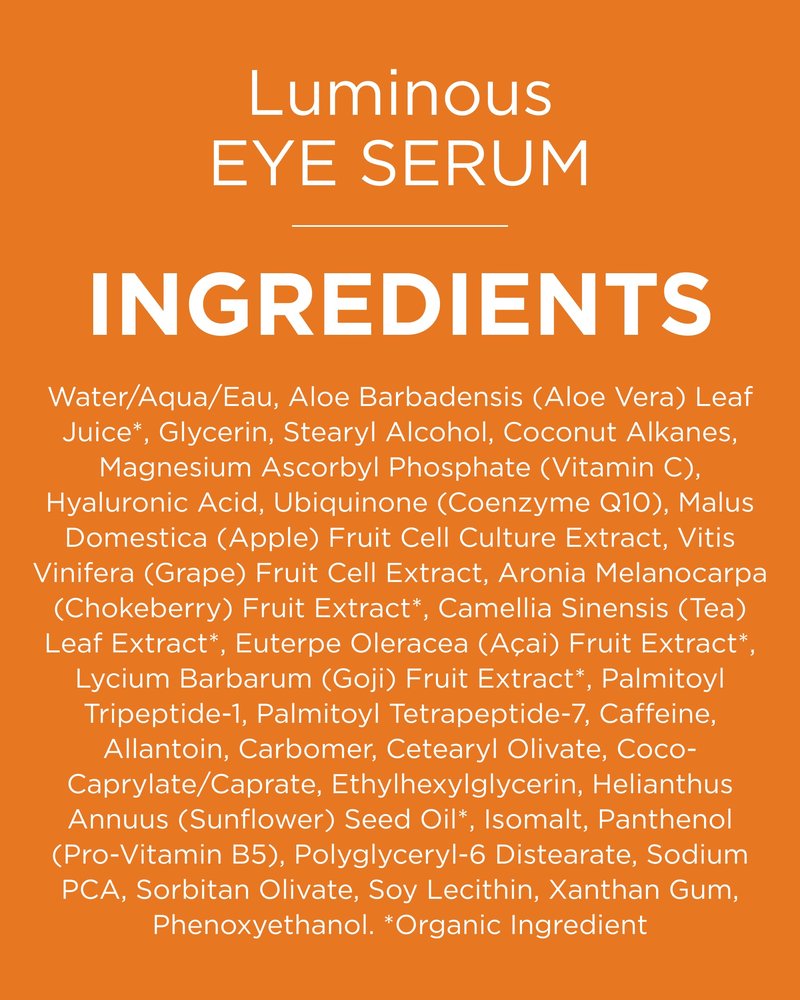 Andalou Naturals Luminous Eye Serum - Illuminating Under Eye Moisturizer for Dark Circles and Puffiness - With Vitamin C & Caffeine for a Rejuvenated, Youthful Appearance - 0.6 Oz