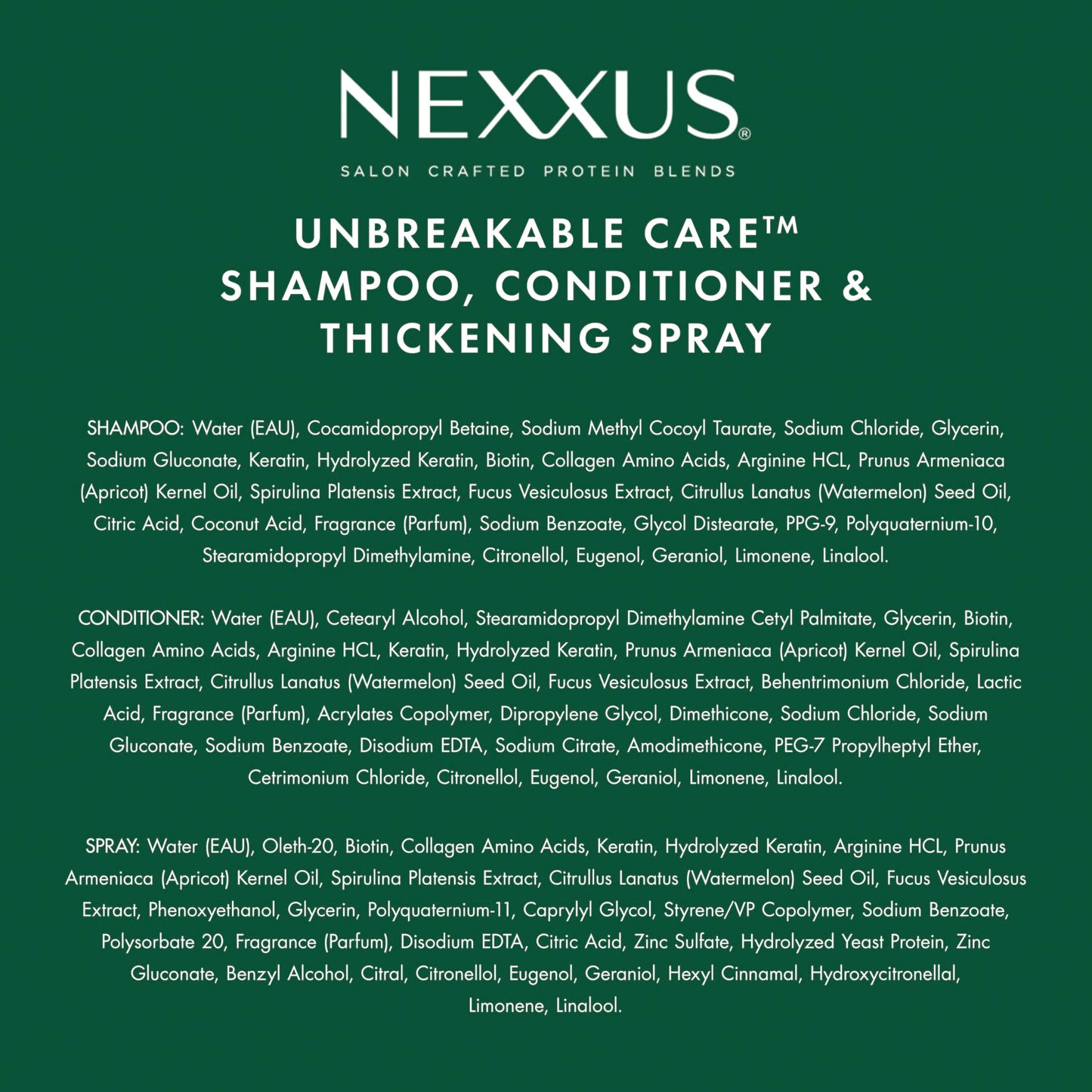 Nexxus Unbreakable Care Shampoo, Conditioner, and Leave-In Spray 3 Pack For Fine and Thin Hair with Keratin, Collagen, Biotin