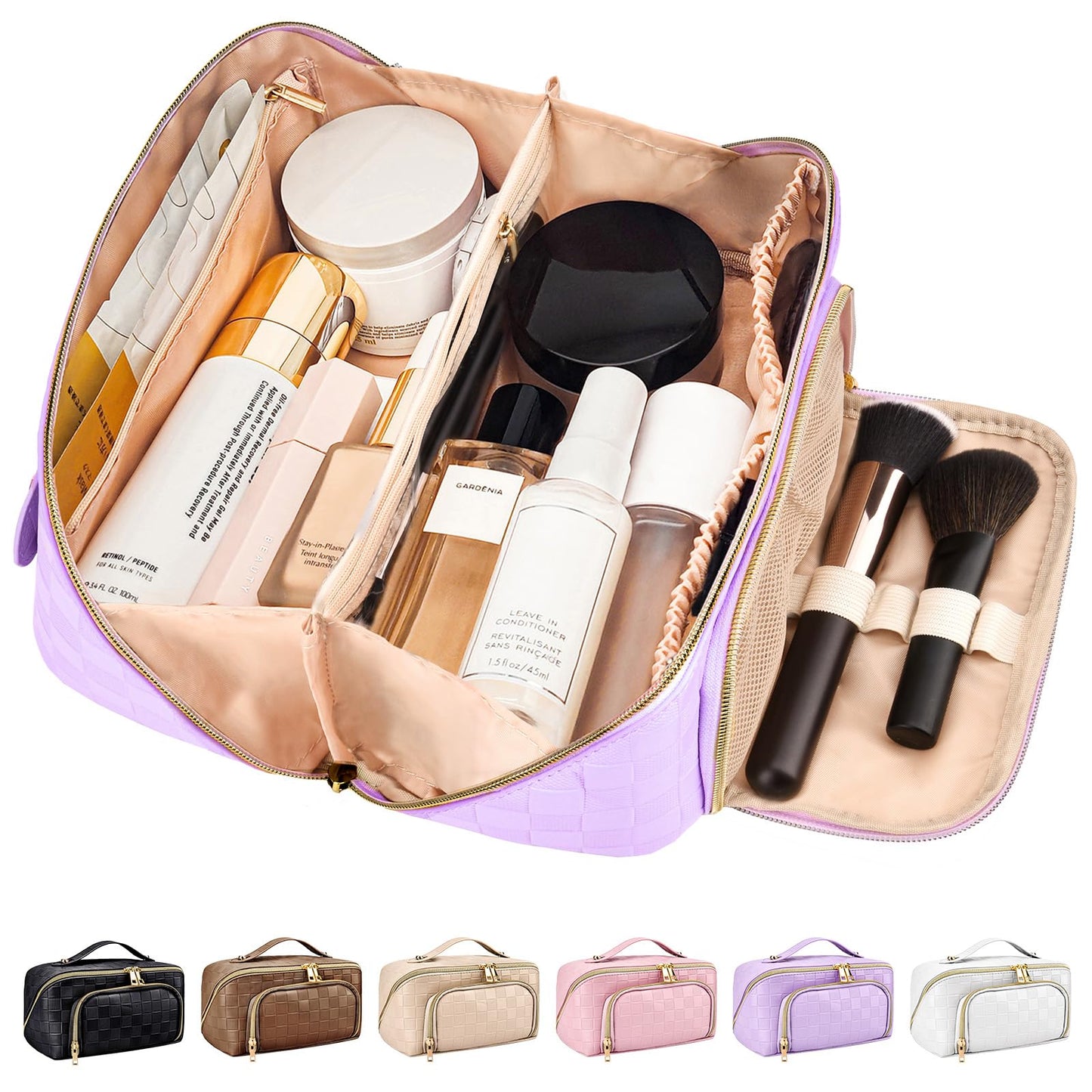 Travel Makeup Bag for Women, Large Capacity PU Leather Waterproof Checkered Cosmetic Bags, Portable Pouch Open Flat Toiletry Bag, Make up Organizer with Divider and Handle, Purple