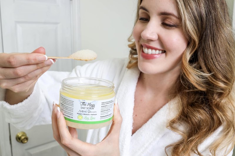 The Keys Salt Scrub -Sea Salt Scrub - Exfoliating Body Scrub with Wooden Spoon - Moisturizing Exfoliator for Hands, Foot, Bath, (12 Ounce (Pack of 1), Key Lime)