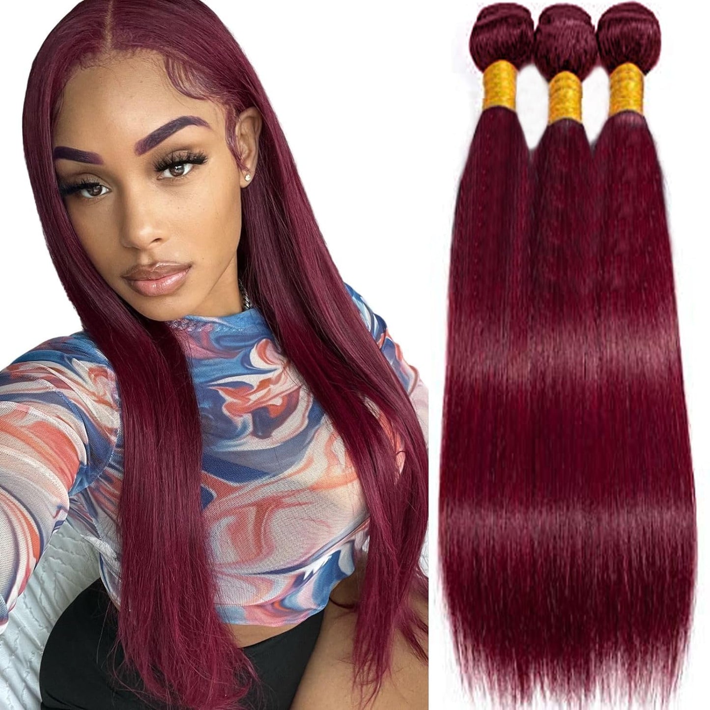 Xddnamei Augfst Virgin Weave Human Hair Bundles 300g #99J-Burgundy-Straight Wave Bundles Human Hair 8 10 12 inch Unprocessed Brazilian Wine Red Quick Weave Hair Bundles for Black Women