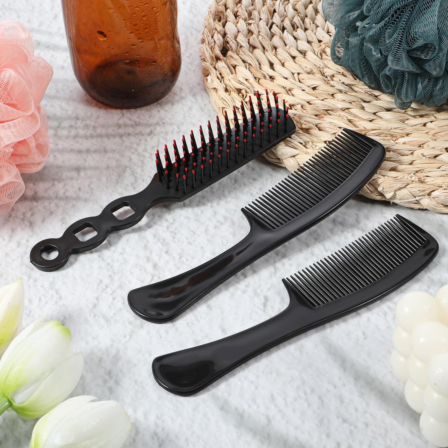JJUNW 60 Pcs Hair Brush and Comb Set, Bulk Hair Brushes for Homeless Individually Wrapped, Lightweight Hair Brush and Comb for Women, Kids, Hotel Travel (Black)