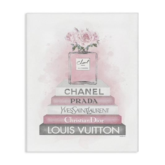 Stupell Industries 'Pink Roses Perfume Bottle Glam Fashion Bookstack', Canvas Art, 16 x 20 Inches, Easy to Hang and Sturdy, Made in USA, by Amanda Greenwood