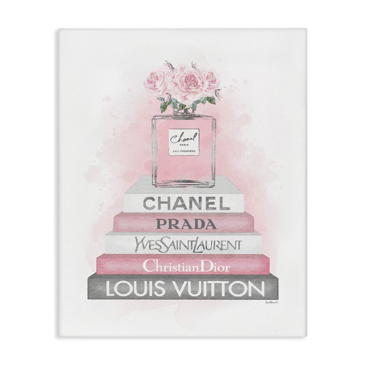 Stupell Industries 'Pink Roses Perfume Bottle Glam Fashion Bookstack', Canvas Art, 16 x 20 Inches, Easy to Hang and Sturdy, Made in USA, by Amanda Greenwood