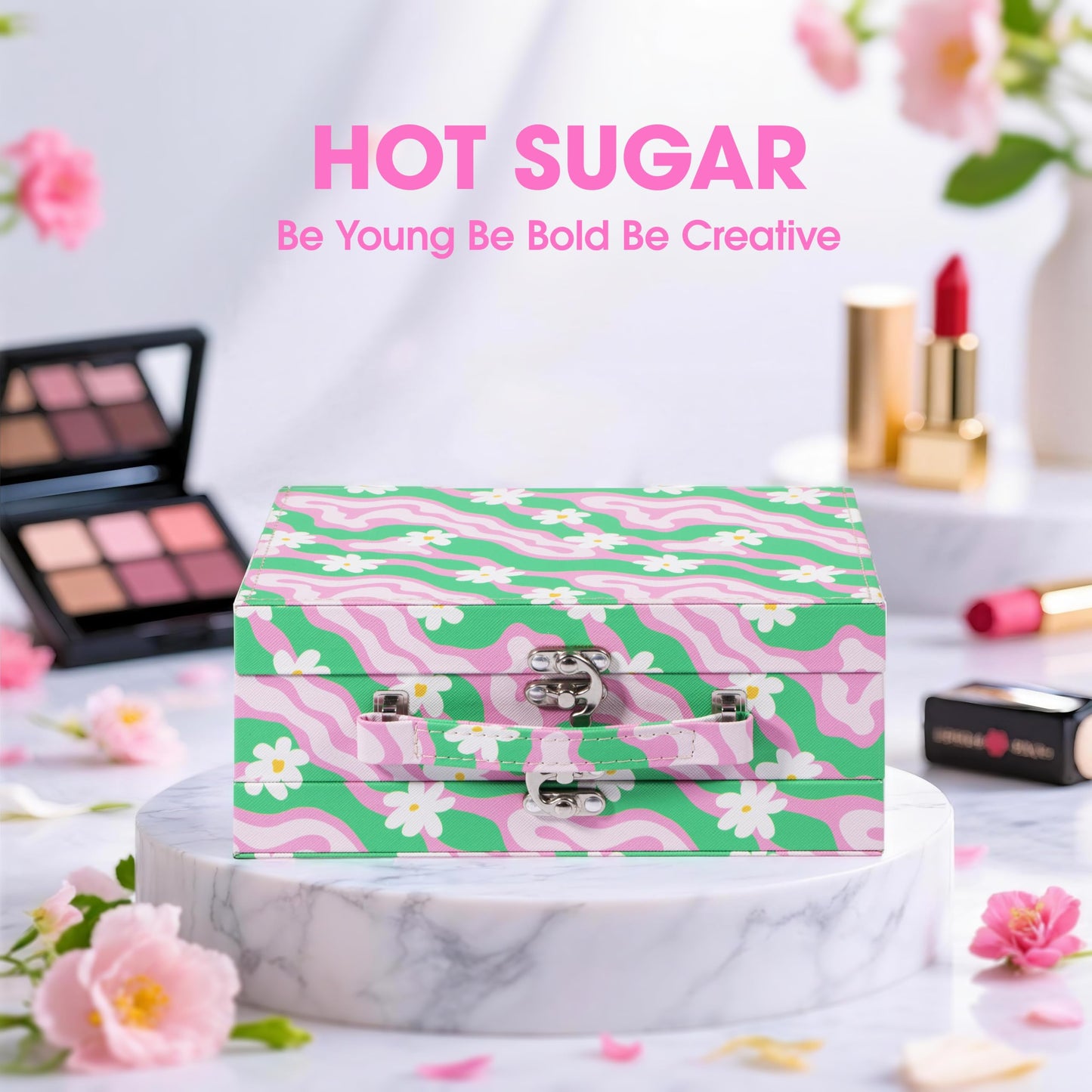 Hot Sugar Makeup Kit for Teens, Women with Deluxe Train Case (Floral Green)