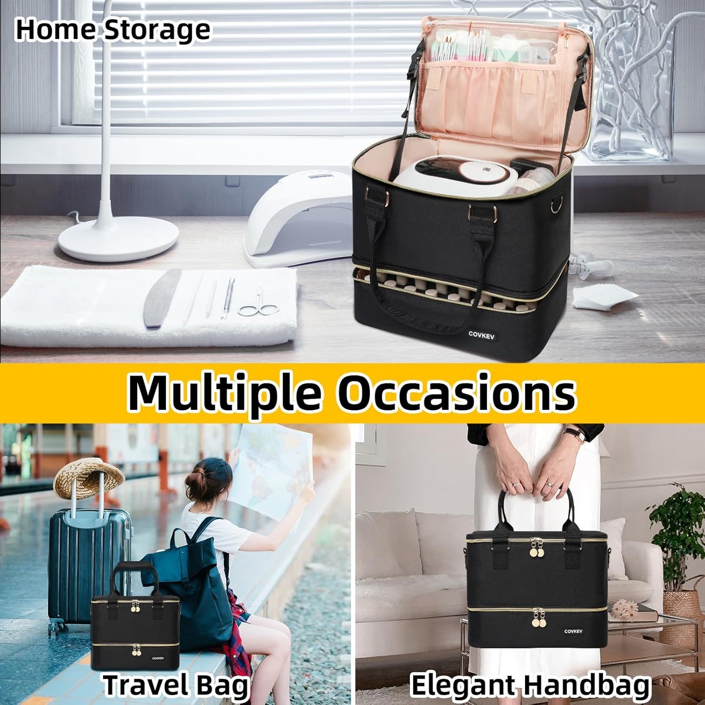 Nail Polish Organizer - Holds 80 Bottles & Nail Lamp | Double Layer Travel Case with Handle - Black & Gold