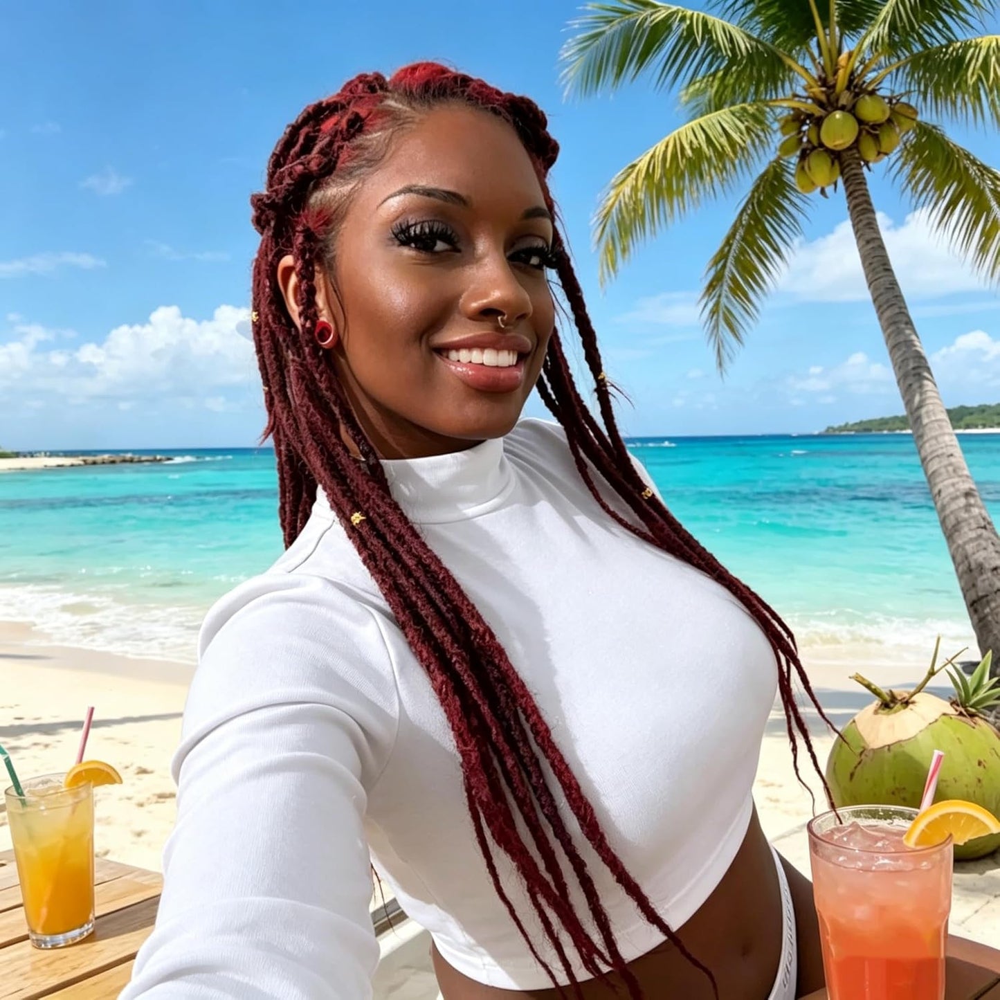 Dreadlock Extensions - 24 Inch Ombre Burgundy Faux Locs | Soft Synthetic Hair, 50 Strands, 0.6 cm Width