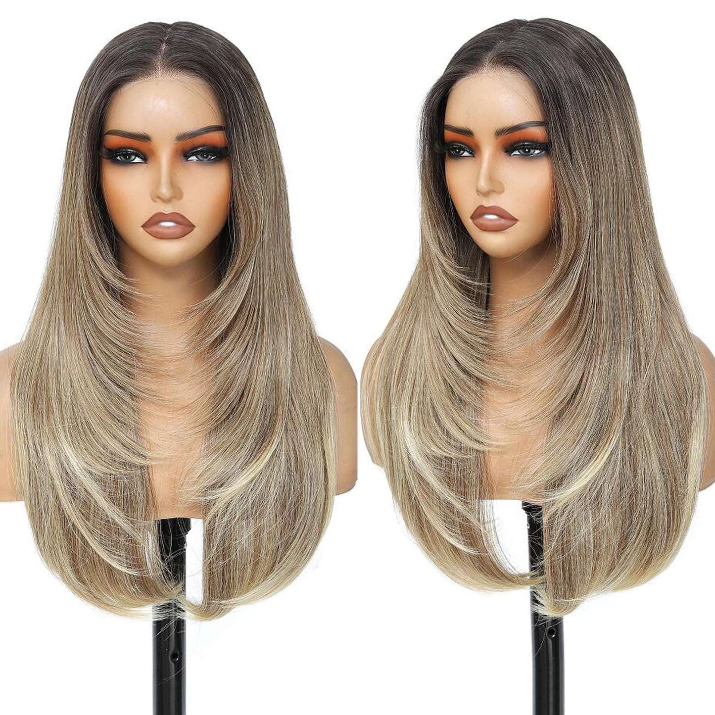 KPROYU Synthetic Lace Front Wig Pre Cut Lace Glueless Wig Wear And Go 13X4X1 Inch HD Lace Layered Wig Pre Plucked Glueless Synthetic Wigs For Women Auburn Brown Black Root（2/30） 26 Inch