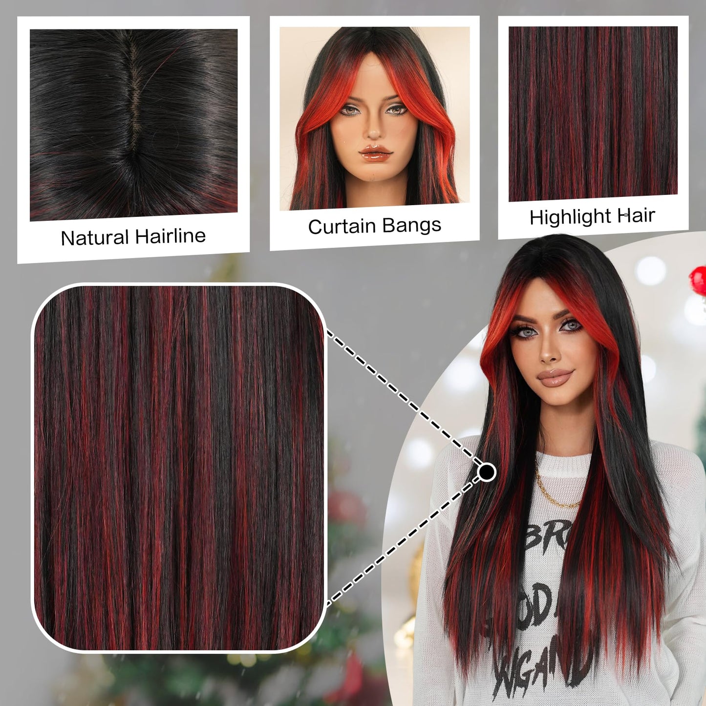 7JHH WIGS 31in Ombre Red Black Long Straight Highlight Wigs with Curtain Bangs Natural Heat Resistant Synthetic Fiber Layered Highlight Midlle Part Women Wigs for Chrismas Daily Party Daily Used
