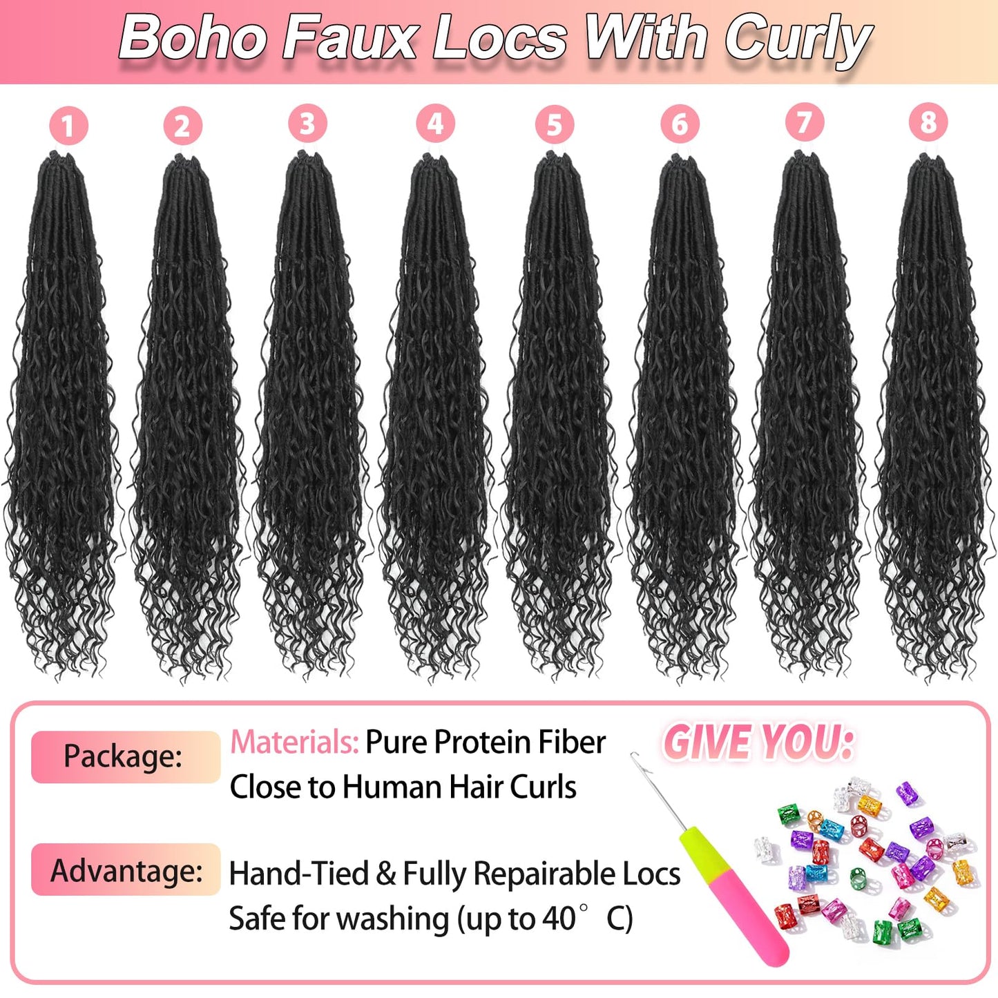 Boho Faux Locs Crochet Hair 18 Inch Goddess Locs 8 Packs Boho Soft Locs Crochet Hair with Curly Ends Pre-looped Long Bohemian River Locs for Black Women (1B, 18 Inch(Pack of 8))