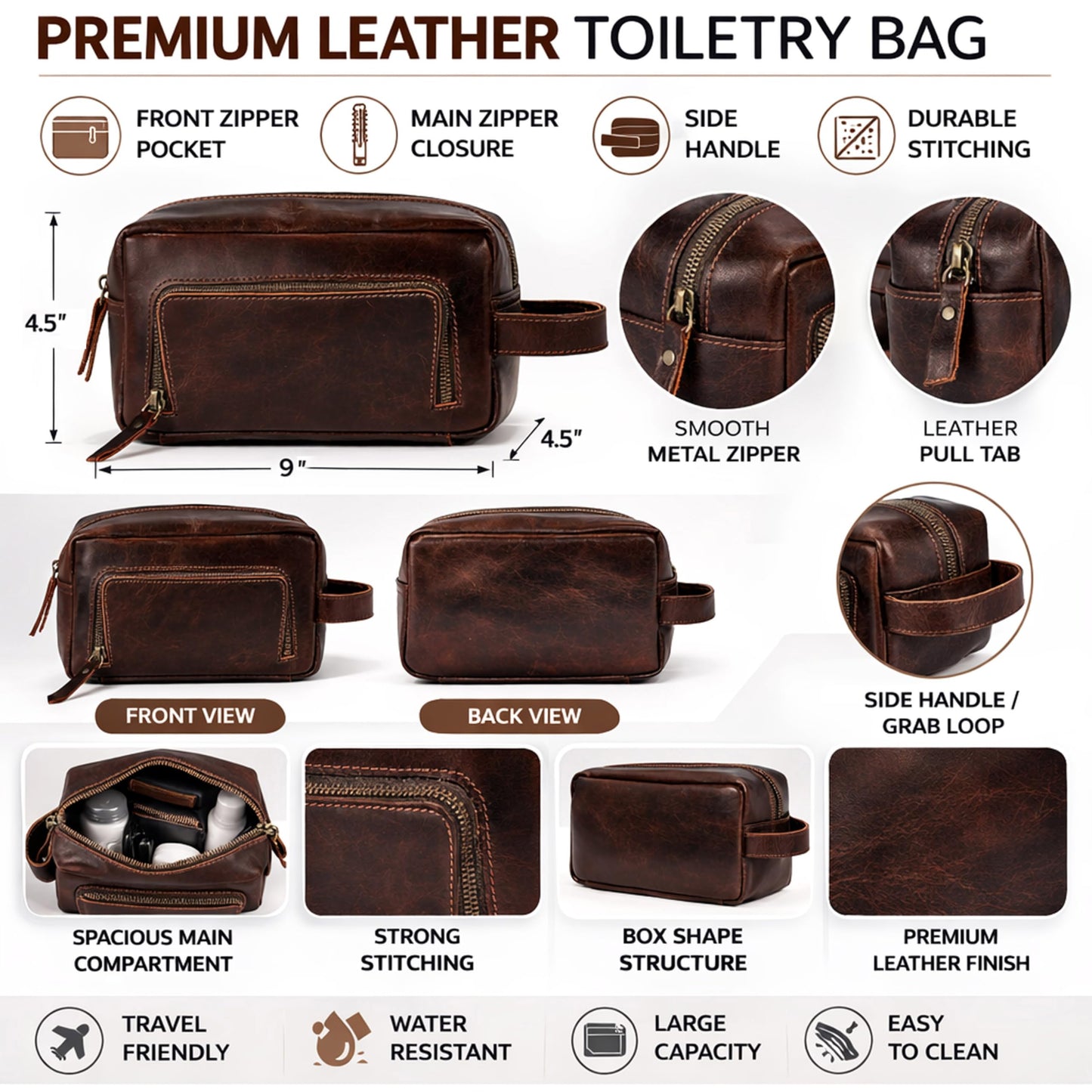 cuero Leather Brown Dopp Kit Unisex Travel Toiletry Cosmetic Pouch Shaving Kit Men Women (black)
