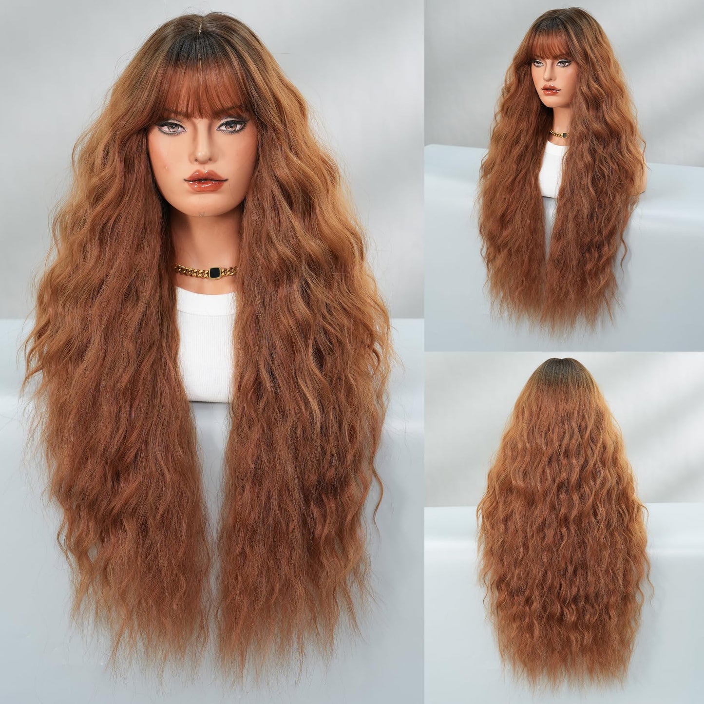 PARK YUN 33In Auburn Brown Curly Wig with Bangs Chestnut Red Heat-Resistant Synthetic Wig Natural Looking Wigs for Daily Use Cosplay Party Gifts for Women