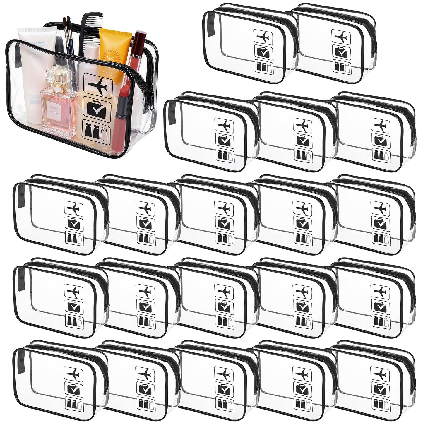 GEPAPE TSA Approved Clear Travel Toiletry Bag, Makeup Cosmetic Bag for Women Men 20 Packs (Black)