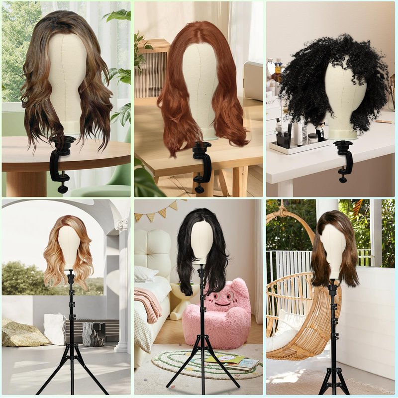 Wig Stand Tripod Metal Adjustable Mannequin Head Stand - Mannequin Wig Head with Mount Hole, Manikin Head for Wigs Making, Drying, Styling and Display - Wigs Shampoo & Milk Spray T Pins Hair Cap Set