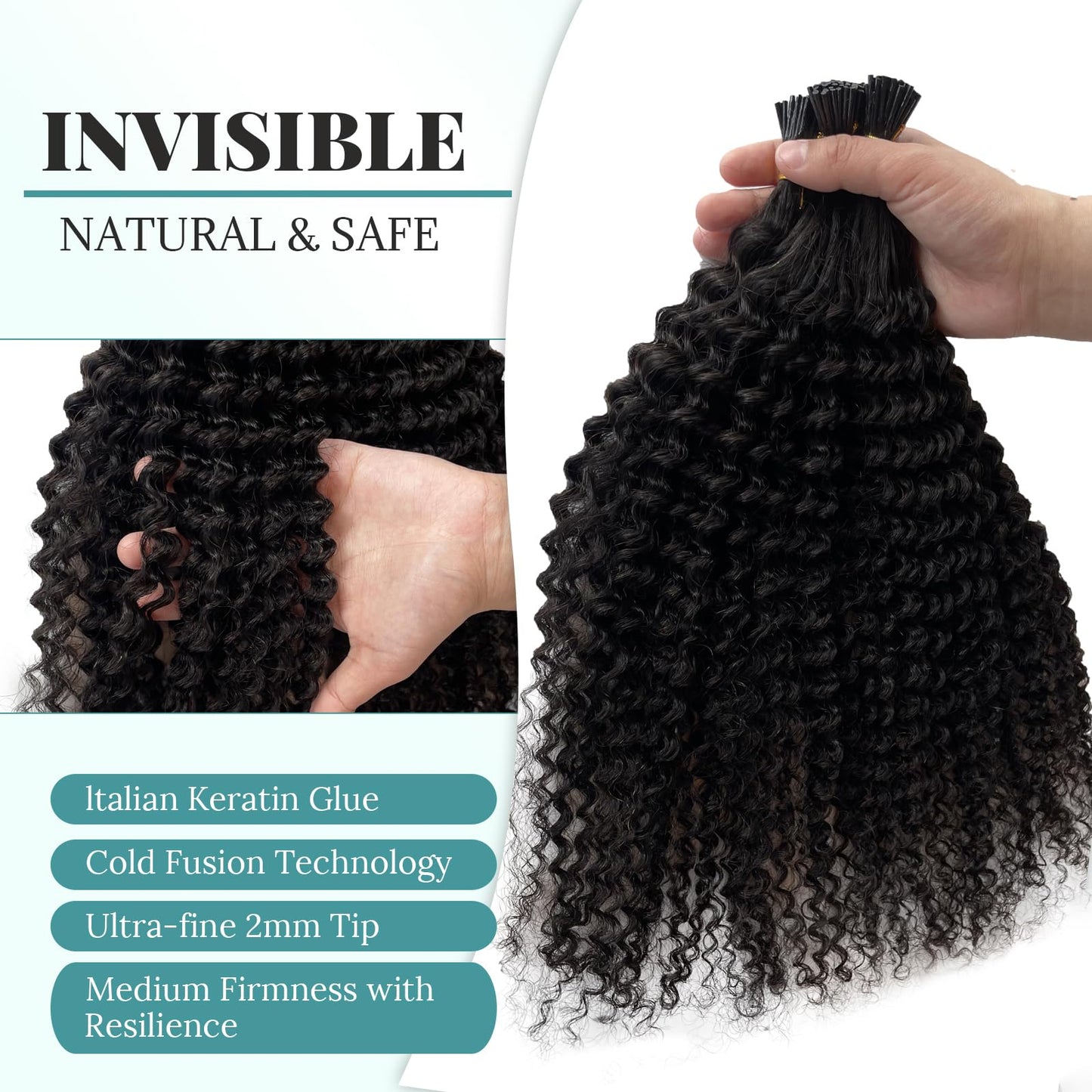 Kinky Curly I Tip Human Hair Extensions 0.5g/s 100 Strands 50g/pack Keratin Cold Fusion I Tip Hair Extensions Hair Piece #1B Natural Black Pre Bonded Itips Hair, 2-3 Packs for Full Head 18in