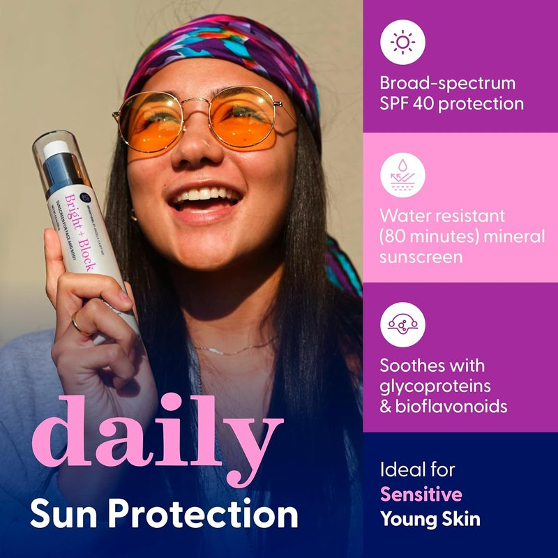 Bright+Block SPF 40 Sheer Mineral Sunscreen - Lightweight, Water-Resistant Formula for Sensitive & Acne-Prone Skin | 2.1 fl oz
