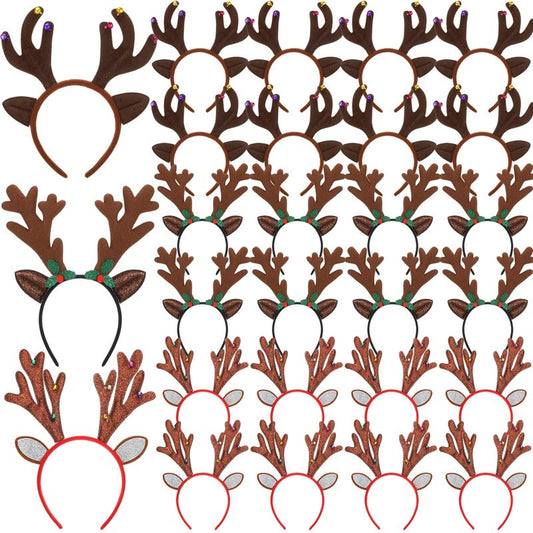 Riceshoot 24 Pcs Christmas Antler Headband Reindeer Headband Deer Plush Ear Antler Hair Hoop Beauty Accessory for Xmas Party(Dark Brown Style)