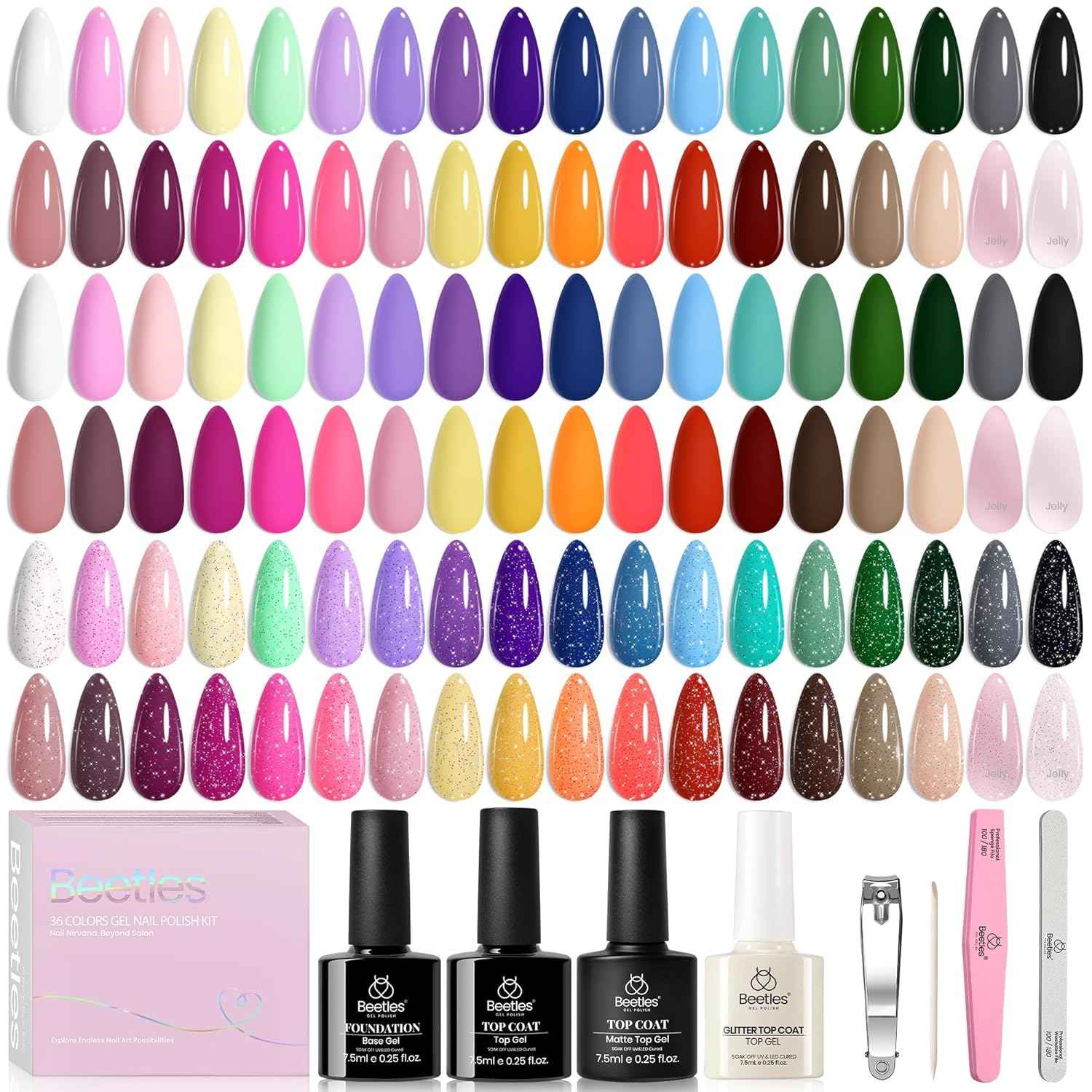 Beetles 44 PCS Gel Nail Polish Set with 15ml Clear Blooming Gel - UV/LED Nail Art