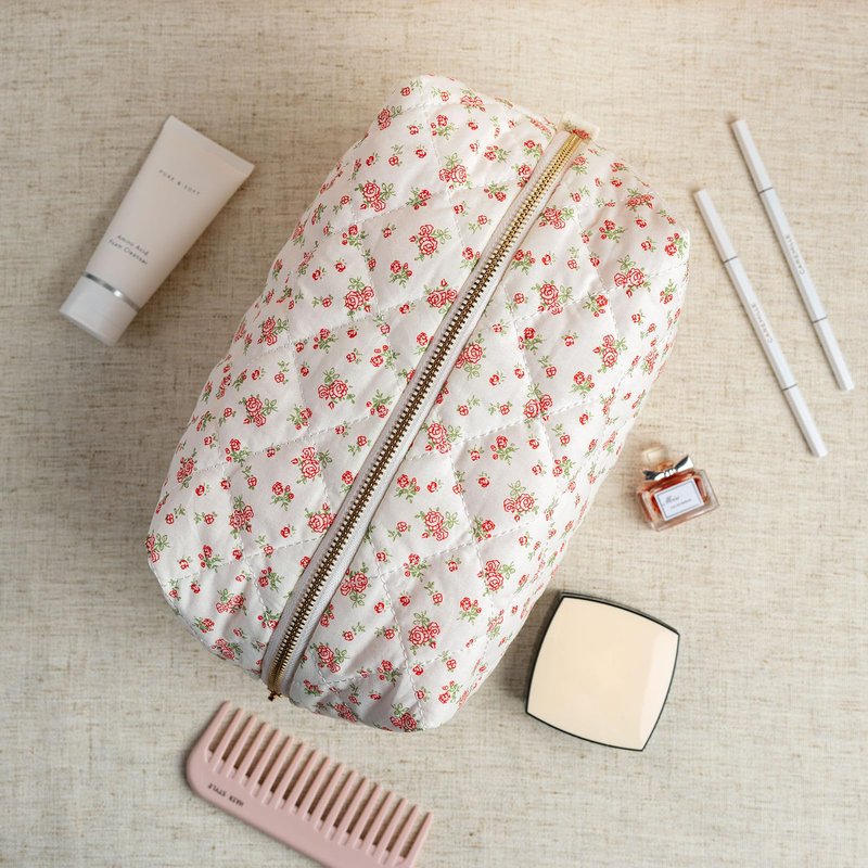MIROSIE 2-Piece Handmade Cotton Quilted Makeup Bag Set, Floral Cosmetic & Skincare Organizer Zippered Pouch for Women & Girls, Travel Toiletry Bag for Essentials,Rose