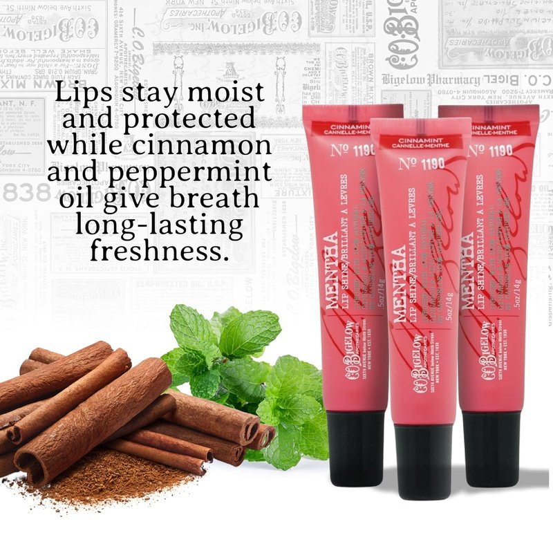 C.O. Bigelow Cinnamint Mentha Lip Shine Balm - Pack of 3 | High Gloss Cinnamon & Peppermint Oil, 0.5 oz