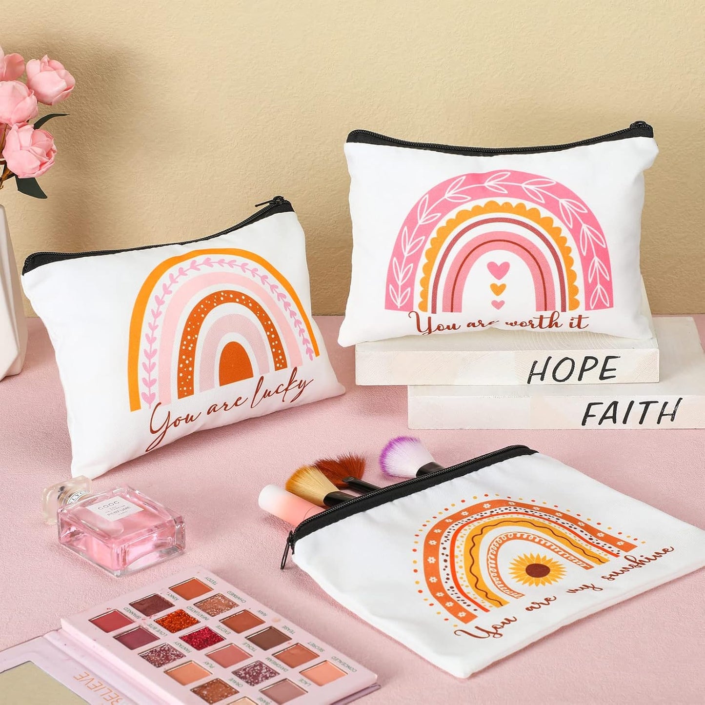 Rainbow Inspirational Makeup Bags - 32 Pcs Canvas Set for Women | Boho Travel Cosmetic Pouches
