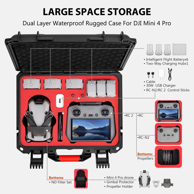 STARTRC PHOTO Mini 4 Pro/Mini3 Case, Portable Waterproof Hard Case for DJI Mini 3 Pro//Mini4 pro Accessories for RC2/RC Controller, 7 Battery