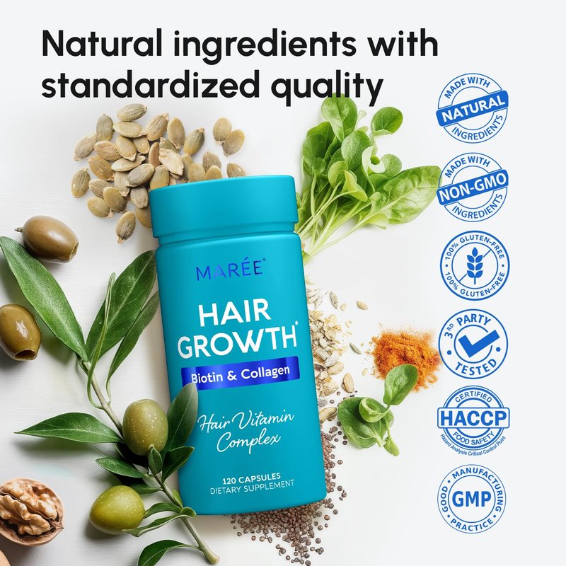 MAREE Hair Growth Vitamins - Faster Thicker Hair Growth Products - Biotin & Collagen Complex Hair Growth Supplements - Hair Vitamins for Hair Loss for Women & Men - Vitaminas Para El Cabello 120 Pills