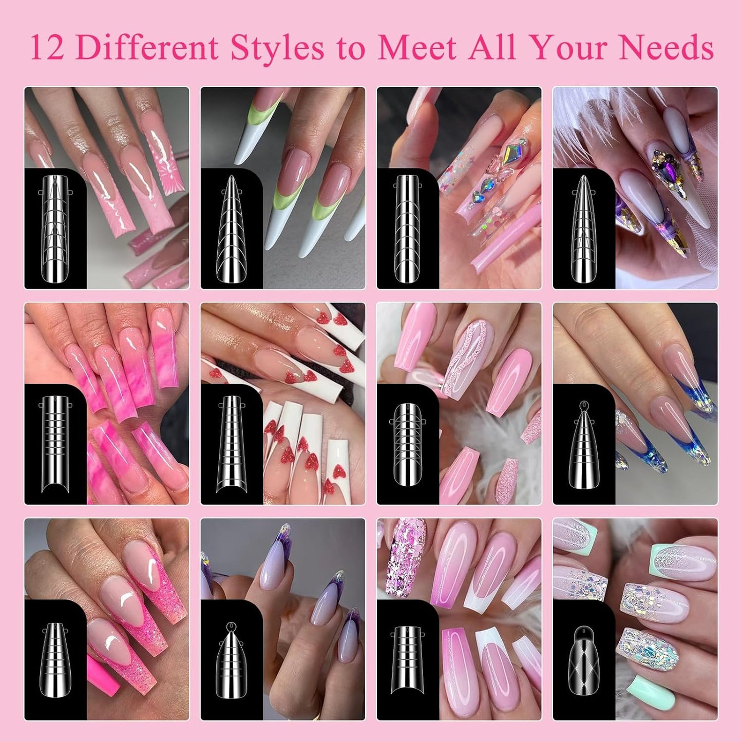 Nail Dual Forms for Poly Gel - 12 Styles & Sizes, 144Pcs Full Cover Nail Tips | Complete Extension Kit with Clips, Brush & Files
