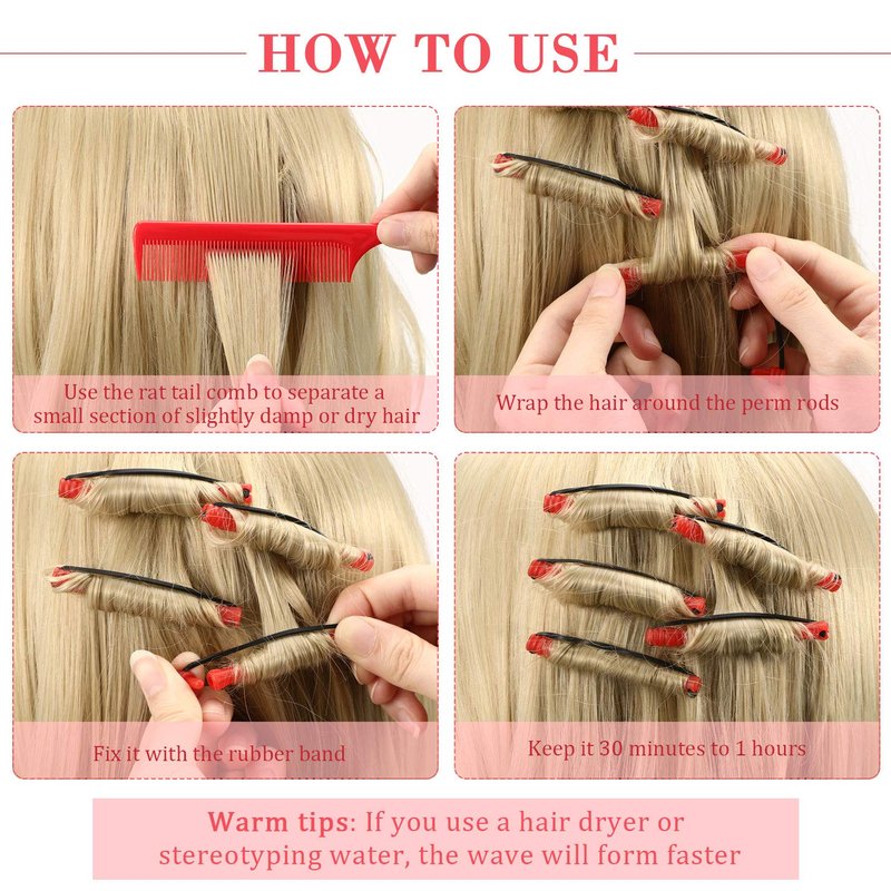 Hair Perm Rods - 48 Pieces Plastic Curling Rollers with Steel Pintail Comb | Short Cold Wave Curlers (0.2 Inch, Red)