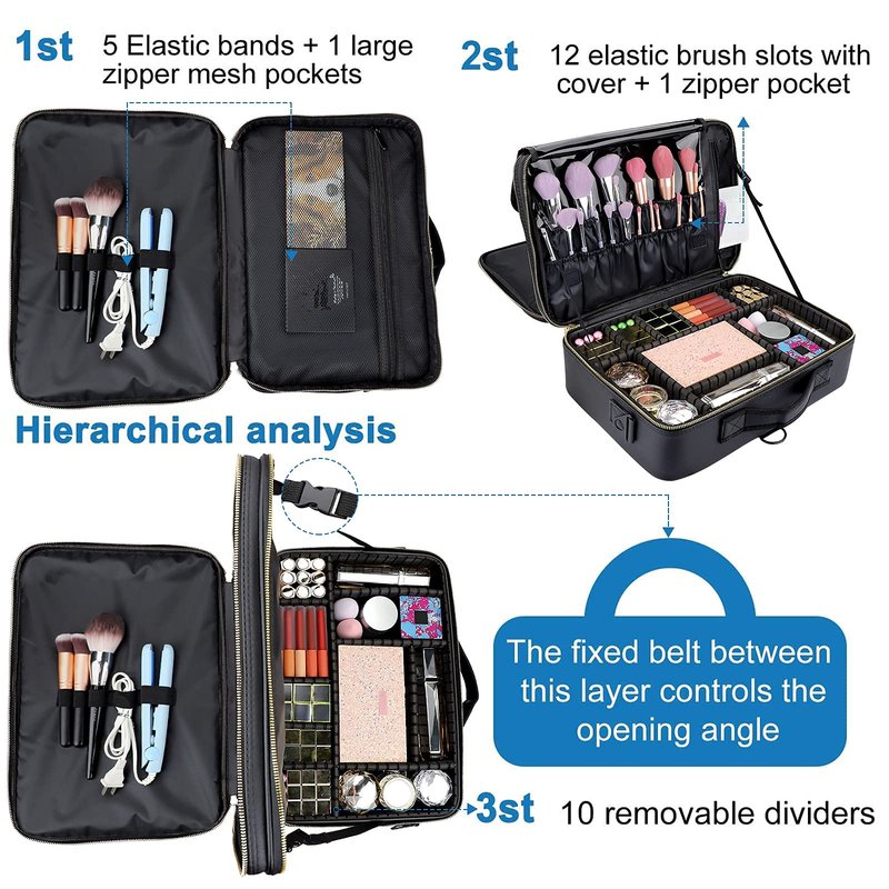 JOURMON Travel Makeup Train Case,Large Capacity Cosmetic Bags for Women,Portable Makeup Bag Organizer with Adjustable Dividers & Shoulder Strap(Black, L)