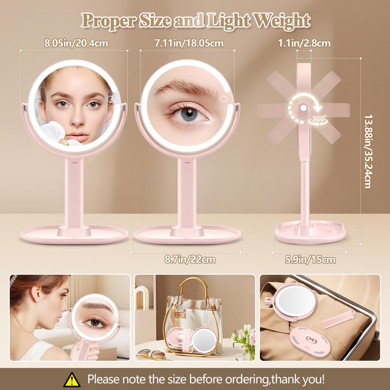 MOMOKUBA Makeup Mirror with Lights, Double Sided 1x/30x Magnifying Mirror with Light, Rechargeable 3 Color Lights and Adjustable Brightness, 360° Rotation Detachable Comes with Tweezer(Pink-30X)