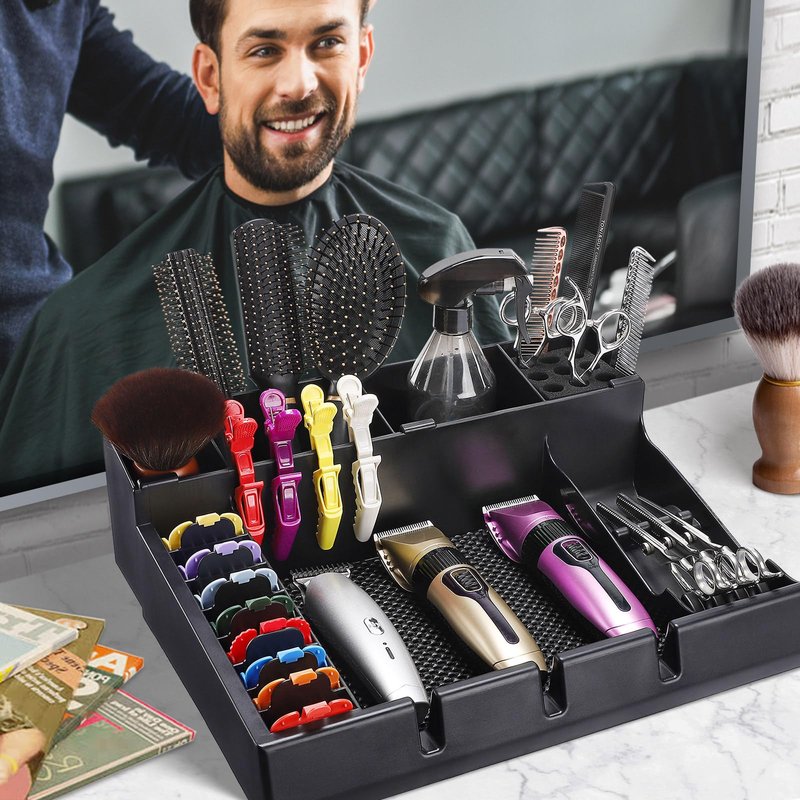Upgrade Large PU Leather Barber Station Organizer for Clippers & Guards, 15x12x5 inch Multifunctional Barber Organizer Tray Salon Tools Storage, Detachable Salon Countertop Tray for Hairdressing Tool