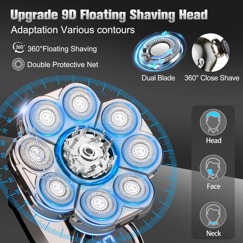 Electric Head Shaver for Bald Men - 9D Waterproof Grooming Kit | Cordless Rechargeable, 5-in-1 Design