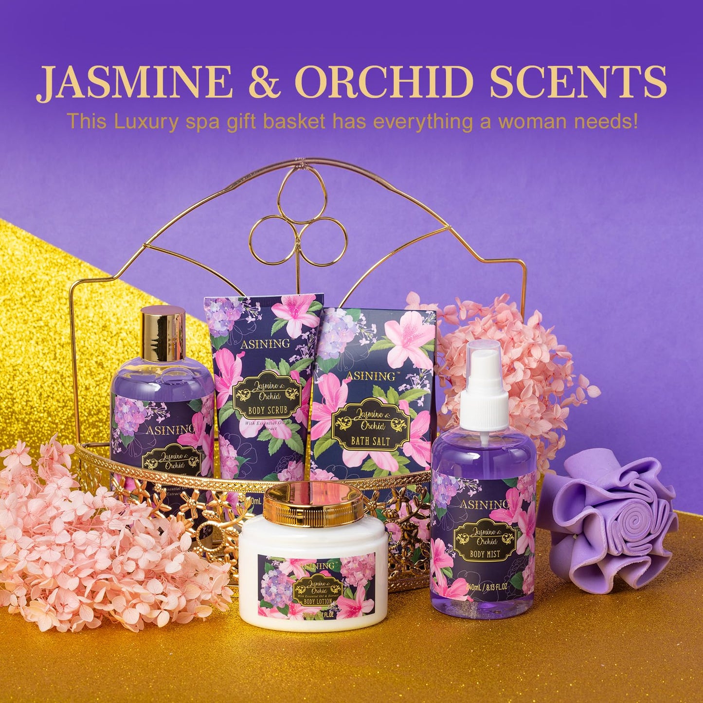 Beauty Kits for Women, Home Spa Baskets Bath Gifts, Bath Spa Kit for Women with Scents Lotion, Luxury Orchid & Jasmine Scent Gift Basket for adults Beauty & Personal Care Set Body Gift Set