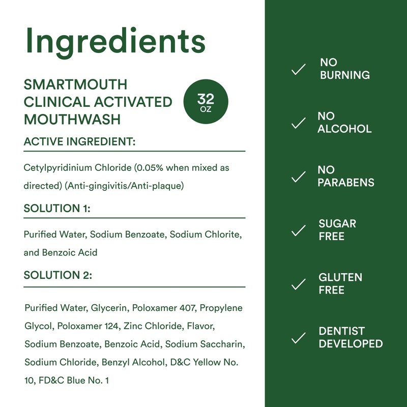 SmartMouth Clinical 2-Bottle Activated Mouthwash System - Anti-Plaque & Anti-Gingivitis for Healthy Gum Support - Clinical-Strength Mouthwash for All-Day Fresh Breath - Alcohol-Free - 16 fl oz Each