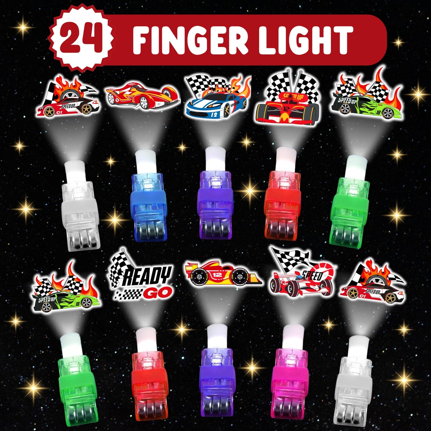 72 PCS Race Car Party Favors – 48 PCS Tattoos & 24 PCS LED Finger Lights Combo – Birthday Goodie Bag Fillers, Party Supplies, Gifts Light Up Toys Glow In The Dark for Boys and Girls