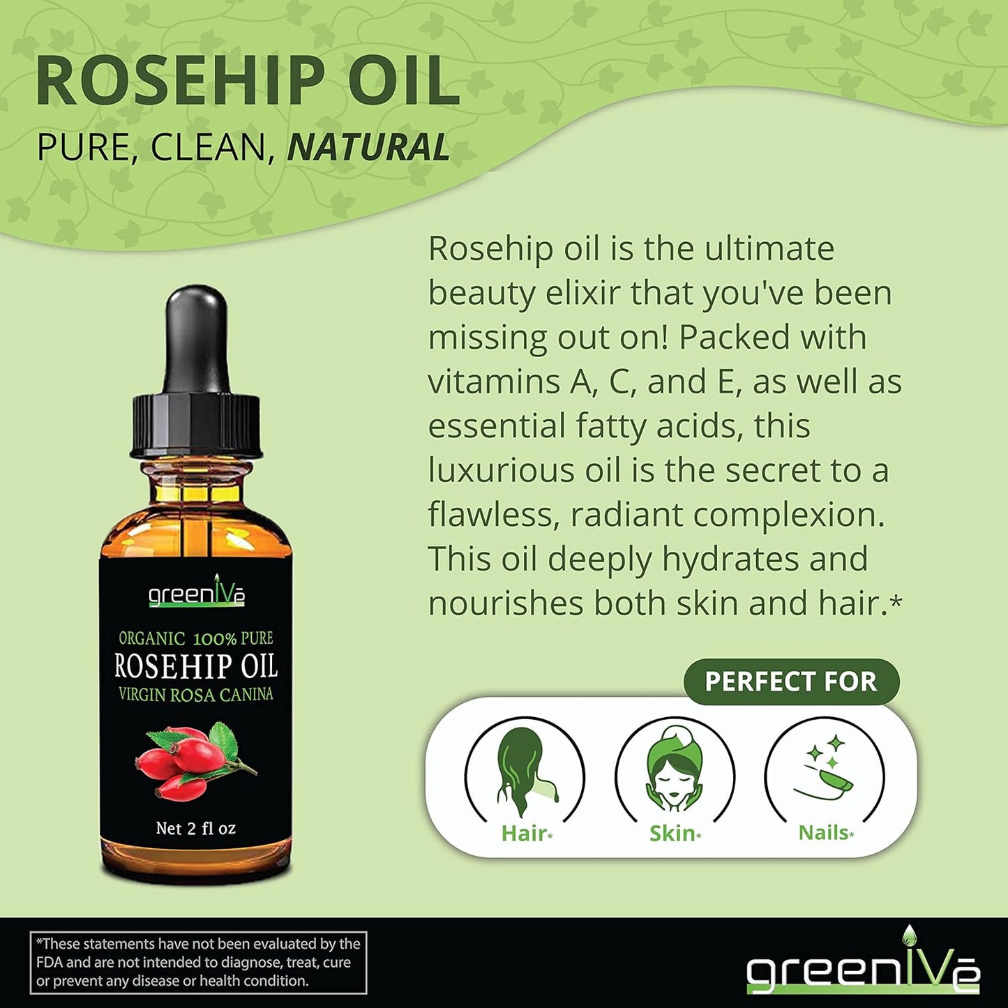 Rosehip Oil - 100% Pure Cold Pressed Virgin Oil | Organic Rosa Canina (16 Fl Oz)