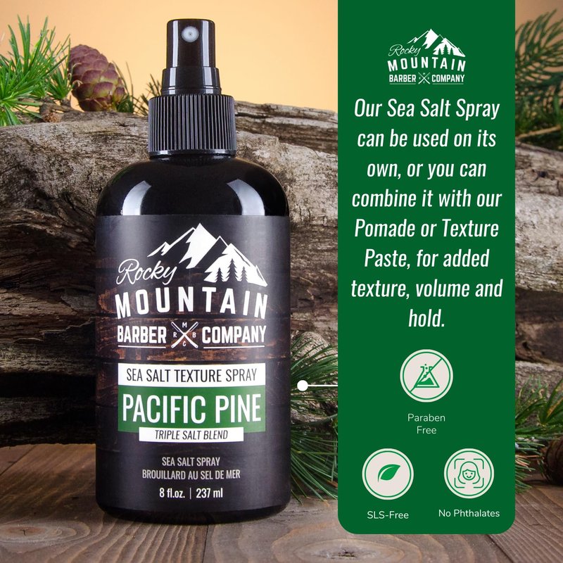 Rocky Mountain Barber Company Sea Salt Spray for Men - Adds Volume, Texture and Light Hold for All Hair Types - Triple Salt Blend - 8 oz