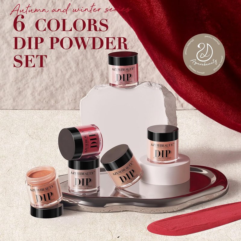 AZUREBEAUTY Dip Powder Starter Kit - Brown Red Glitter Nail Art | 6 Colors, No Lamp Needed for DIY Manicure