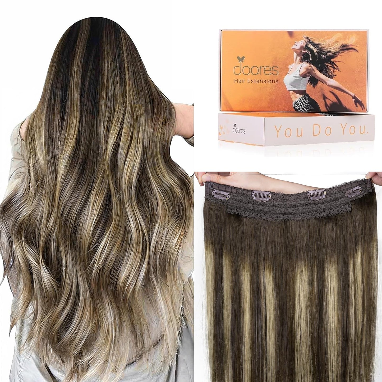 DOORES Wire Hair Extensions 14 Inch 75g Remy Human Wire Hair Extensions Invisible Transparent Line Adjustable Hairpieces Secret Extensions Straight Hair Balayage Chocolate Brown to Caramel Blonde