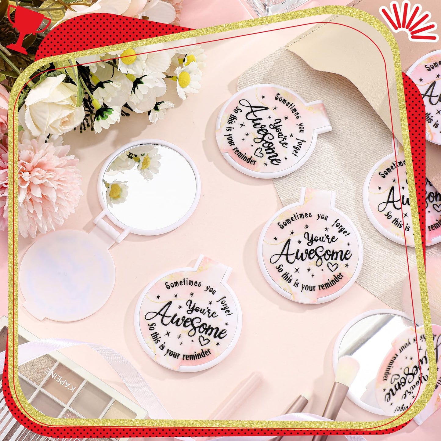 Huwena 100 Pcs Inspirational Compact Mirror Bulk Mini Gifts Women Round Purse Pocket Mirror, Mothers Day Employee Appreciation Gifts, Wedding Party Favors for Guests(Pink,Inspirational)
