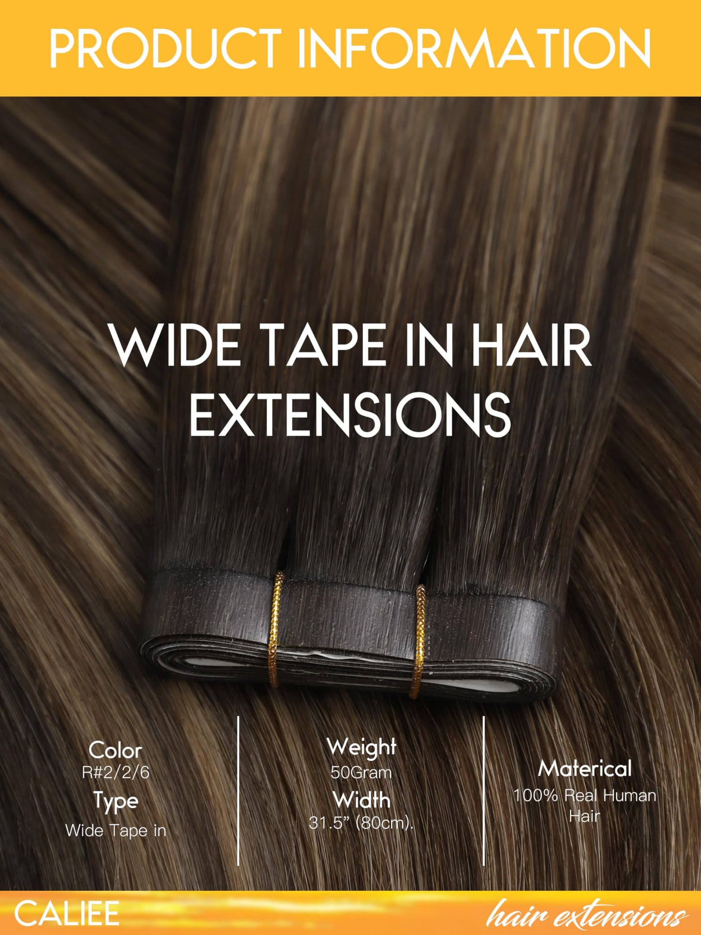 Caliee 16 Inch Long Weft Tape in Hair Extensions 50G One Piece Tape in Hair Extensions Invisible Color R2-2/6 Darkest Brown with Chestnut Brown Soft Wide PU Weft 31.5"(80cm)