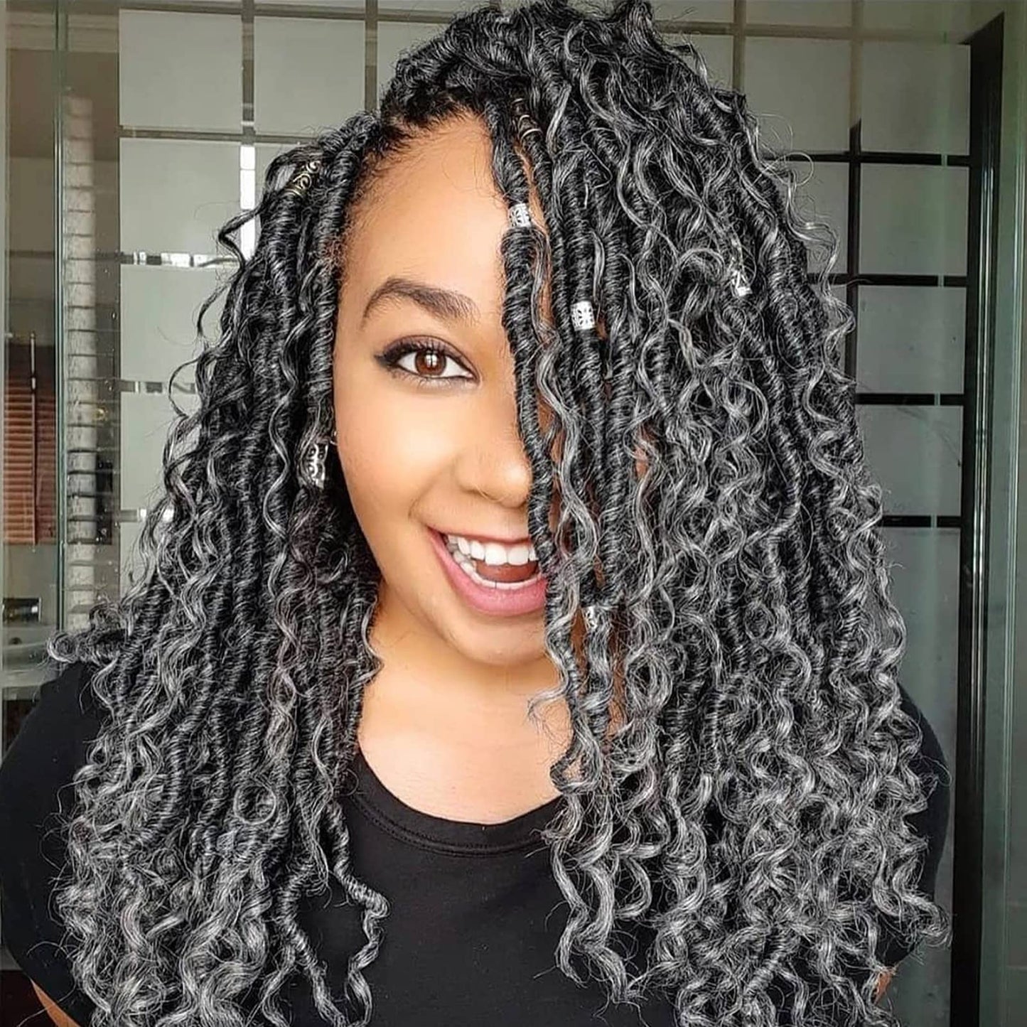 Goddess Locs Crochet Hair 14 Inch 7 Packs Ombre Grey Boho Faux Locs Crochet Hair for Black Women Pre Looped Crochet Locs with Curly Ends (1B/Gray)
