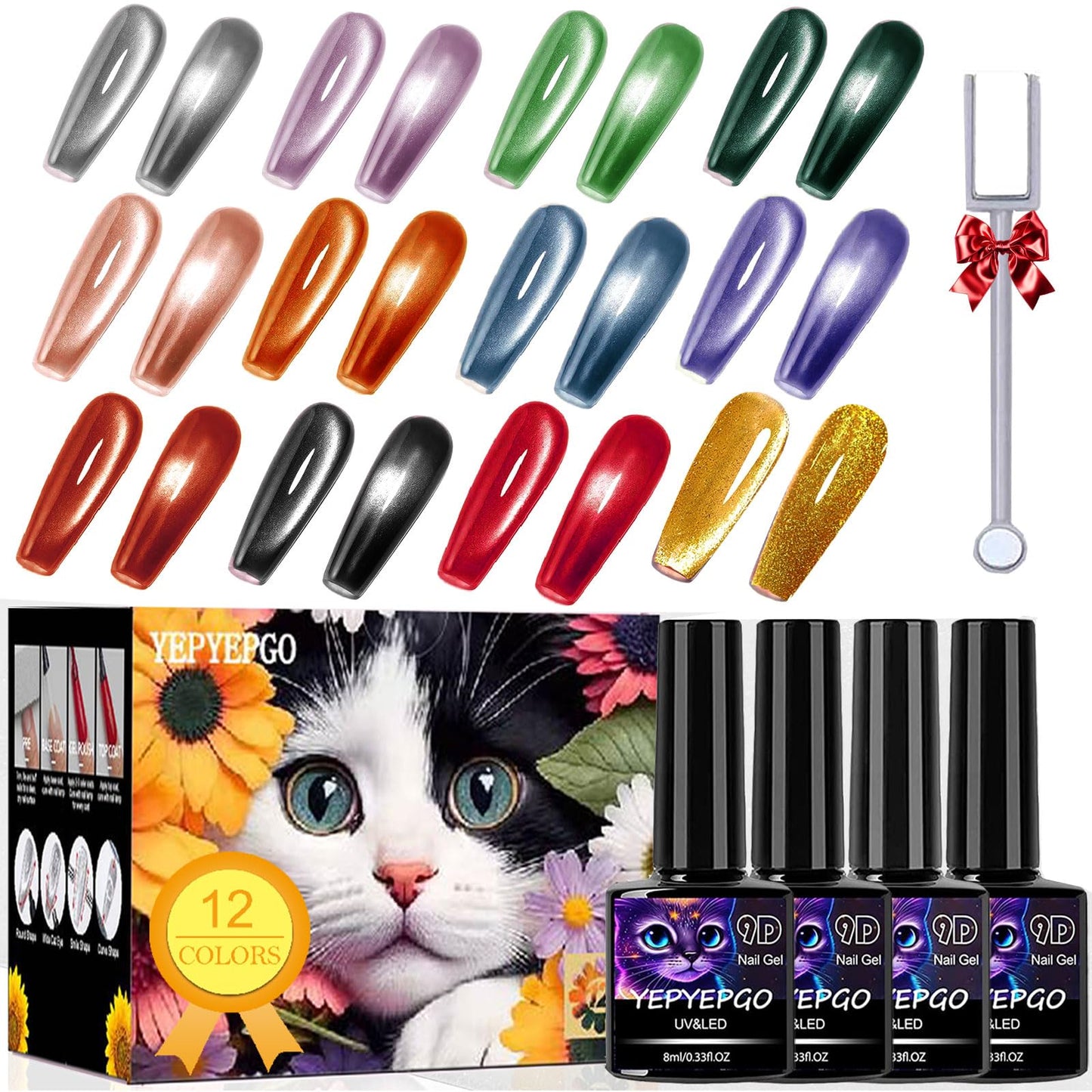 YEPYEPGO Cat Eye Gel Nail Polish Set, 12 Colors Velvet Cat Eye Gel Polish Magnetic Cateye Glass Effects Fall Winter Christmas Color Professional Use for Salon