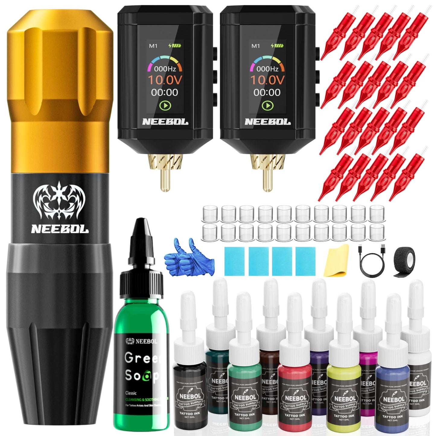 Neebol Tattoo Gun Kit - Wireless Tattoo Machine Kit with 2PCs 1600mAh Tattoo Battery with LED Digital Display, 20PCs Tattoo Cartridge Needles - Professional Tattoo Kit for Beginners Complete Set
