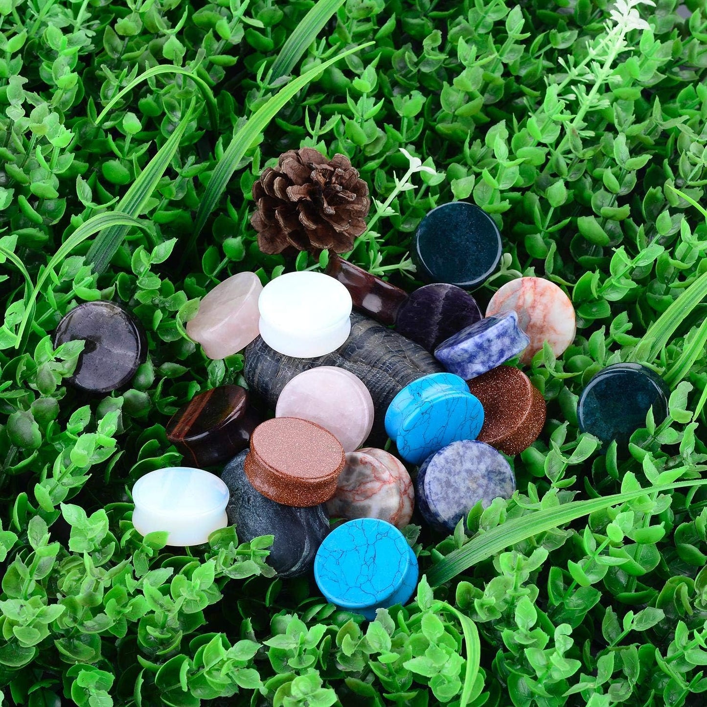 BodyJ4You | 18PC Body Piercing Stone Plugs - Organic Jojoba Oil Aftercare Balm - 24mm (1") Double Flared Tunnels
